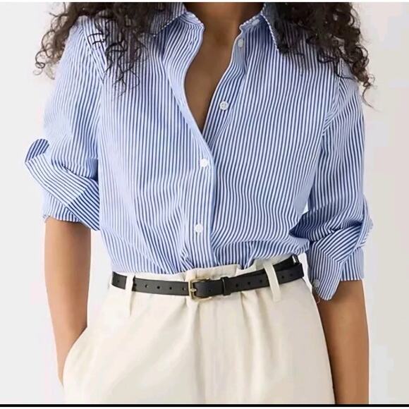 J. Crew Shirt Women’s XS Button-up Poplin Signature Fit Blue Stripes Minimalist - Picture 1 of 12